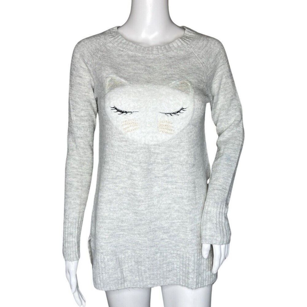 Lauren Conrad Sweater Womens Small‎ Gray White Knit Cat Casual Office Novelty